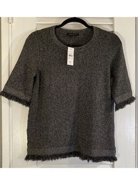 Ann Taylor Charcoal Gray Fringe-Trim Short Sleeve Sweater Top